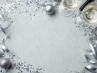 Festive silver and white celebration scene with champagne glasses, ribbons, and ornaments on textured background, creating joyful and elegant atmosphere