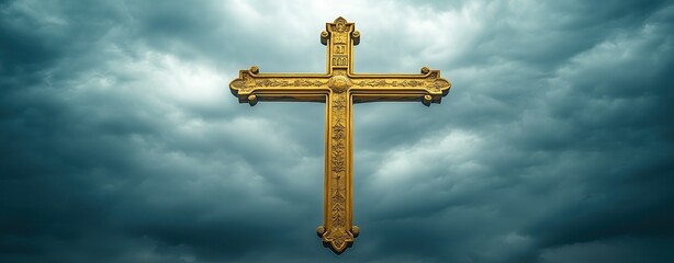 Golden Crucifix Stormy Sky Symbolism - Golden Ornate Cross Against Dramatic Cloudy Sky A dramatic and spiritual scene with faith, divine presence, religious symbolism, emotional atmosphere, gothic ins