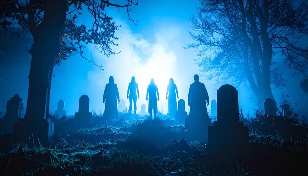 Mysterious figures in silhouette emerge from a thick blue fog amidst ancient tombstones, creating a chilling and supernatural horror scene in a haunted cemetery at night