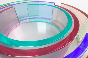 Colorful transparent glass rings on white background for modern art and design. 3d render
