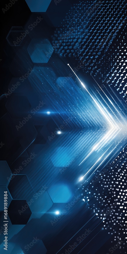 Poster abstract digital art depicting a bright arrow formed by glowing lines and data streams against a dar