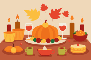 Cozy autumn thanksgiving dinner table with pumpkin and candles