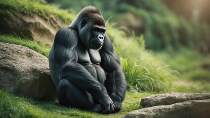 Naklejka premium A gorilla resting on the grass with rocks and greenery in the background.