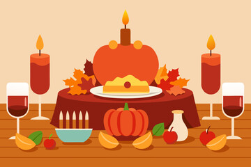 Cozy autumn thanksgiving dinner table setting with pie and candles