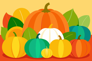 Colorful autumn pumpkins and leaves illustration