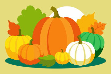 Colorful assortment of pumpkins and autumn leaves