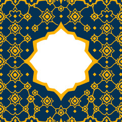 Vector art of intricate yellow geometric pattern on dark blue background with a white central frame, abstract, decorative, ornamental, symmetrical, repeating