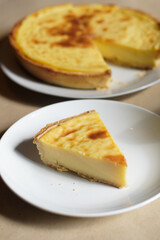 Custard Tart Slice on White Plate with Whole Tart in Background
