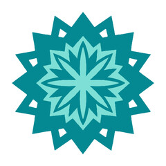 Vector art of geometric mandala in teal and light blue, , intricate symmetrical pattern with sharp points and layered shapes, abstract floral design, digital art, vector graphic