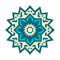 Vector art of geometric mandala pattern with turquoise and cream colors