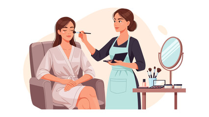 Professional makeup artist applying cosmetics to a seated client in a salon setting