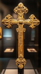 Medieval Religious Monument - Ornate Gold Cross in Museum Display Illuminated on Black Background A dramatic and spiritual scene with faith, divine presence, religious symbolism, emotional atmosphere,