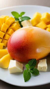 Propitious Mango Ice Cream with slices and mint leaves, for healthy eating recipes, food blogs, and websites