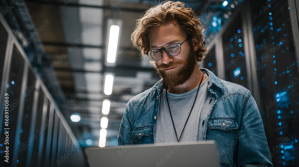 Poster it specialist at data center using laptop computer. erver farm cloud computingfacility with system a