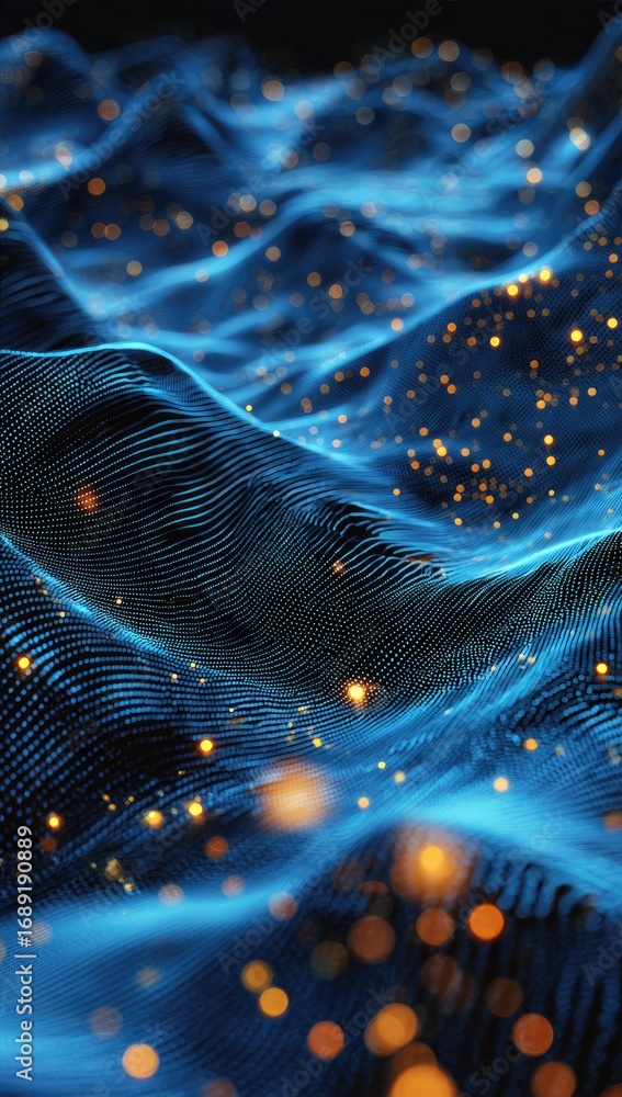 Poster abstract digital landscape of undulating blue waves speckled with glowing orange particles, creating