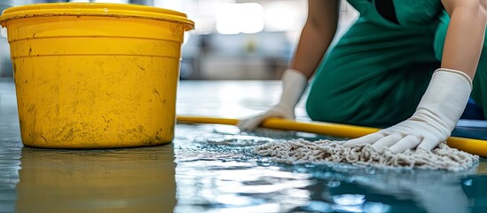Fototapeta premium Close-up: Worker's Hands Mopping Gleaming Floor, Yellow Bucket, Industrial Setting
