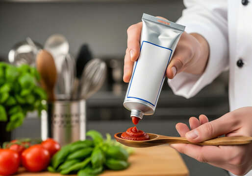 Chef's hands holding a tomato paste tube mockup with a blank label for a cooking ingredient brand