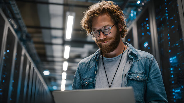 IT Specialist at data center using Laptop Computer. erver farm cloud computingfacility with System adminstrator working. Data protction engineering network or cyber security