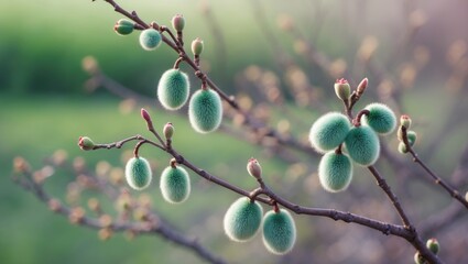Close-up of fuzzy green pussy willow branches with buds in early spring. Nature and plant growth, spring season, and botanical concept.