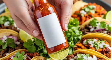 Hands holding a hot sauce bottle mockup with a blank label with a background of tacos and lime