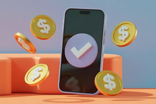 3d illustration of a smartphone displaying a purple circle with a white checkmark surrounded by floating golden coins with dollar signs representing financial success and digital transactions