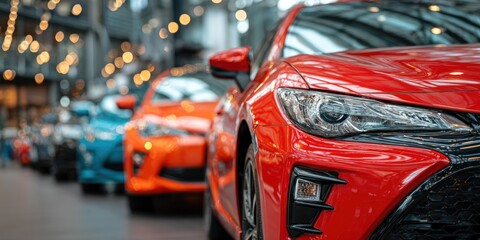 A row of colorful cars parked inside a showroom, close-up with blurred background
