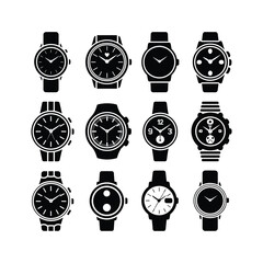 Collection of twelve classic wristwatches with detailed dials and straps representing timekeeping