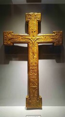 Medieval Religious Monument - Intricately Carved Gold Religious Cross on Display A dramatic and spiritual scene with faith, divine presence, religious symbolism, emotional atmosphere, gothic inspirati