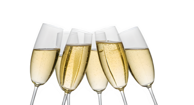 Sparkling drinks or champagne glasses clinking isolated on white background.