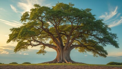 Obraz premium A large, ancient tree with a wide canopy and thick trunk under a partly cloudy sky during daytime.