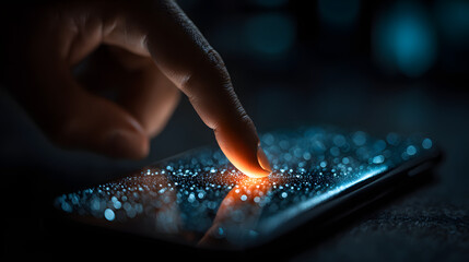 hand touch over a smartphone to activate cybersecuriy measures against hackingand phishing