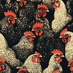 A black and white drawing of a group of chickens with red beaks