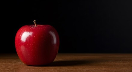 A single, shiny red apple sits on a wooden surface against a dark, contrasting background.