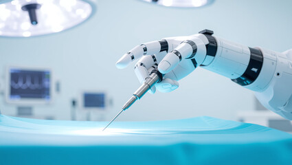 Robot hand holding surgical tool in operating room.