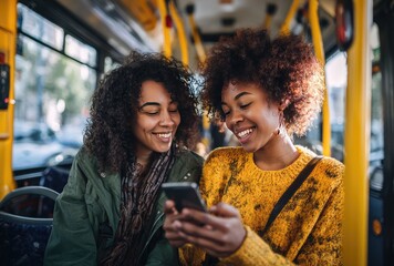 Two smiling women with afro hair, one in yellow sweater, using a smartphone on a brightly lit bus with yellow handrails, enjoying modern commute