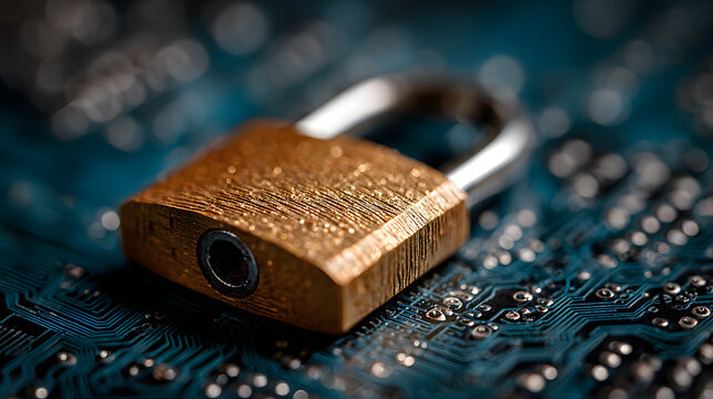 Https sign and a lock on a blue circuit board backgrund, SEO term for a safe ecrypted connection on Intenet with SSL certificate.