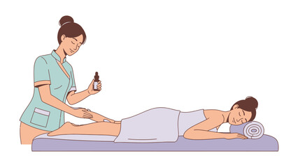 Therapist applying essential oil to woman s leg during a relaxing massage session