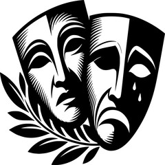 Theater Masks in Harmony: Two classic theatre masks, representing comedy and tragedy, are depicted in a striking design, complete with intricate details and expressive features.