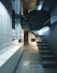 Obraz premium Modern, minimalist interior design featuring a glass staircase and tiled walls and floors, showcasing a sophisticated and spacious design concept.