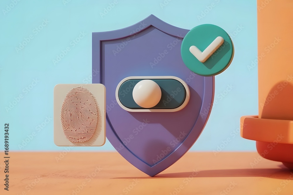Aufkleber digital security concept with a purple shield a toggle switch and a green checkmark indicating prote