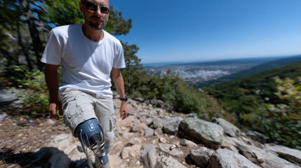 A close-up of a man demonstrating his prosthetic leg while hiking, emphasizing the joy of outdoor experiences and the journey of self-discovery in nature.