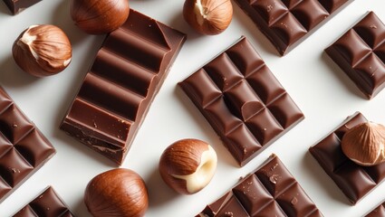 Obraz premium Assorted chocolate bars with hazelnuts on a white background.