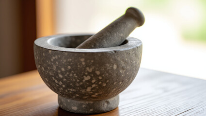 Mortar and pestle on a wooden table
