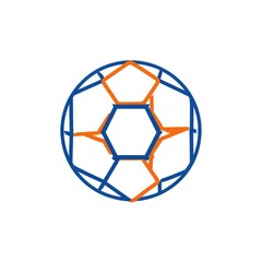 Obraz premium Abstract geometric soccer ball design in blue and orange outlines, featuring a hexagonal pattern