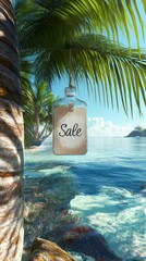 A bottle with a tag that says Sale hangs from a palm tree