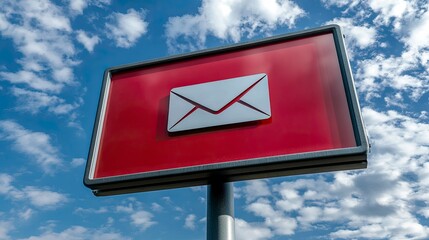 Red Email Sign Against Blue Sky with White Clouds, Modern Design
