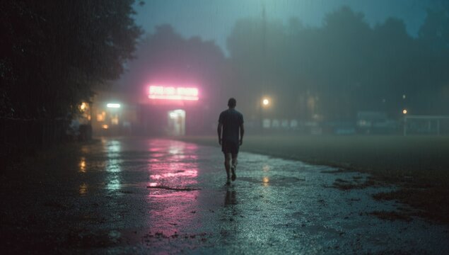 A lone figure walks on a wet path under the hazy glow of a neon sign, with a sports field