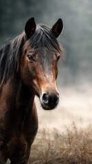 Obraz premium Majestic brown horse stands proudly in a foggy meadow at dawn, showcasing its beauty and strength