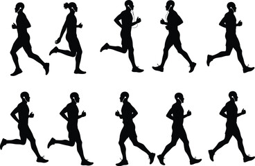 Running man silhouette, jogging woman silhouette, athlete training vector, fitness workout illustration, sports exercise design, healthy lifestyle activity graphic