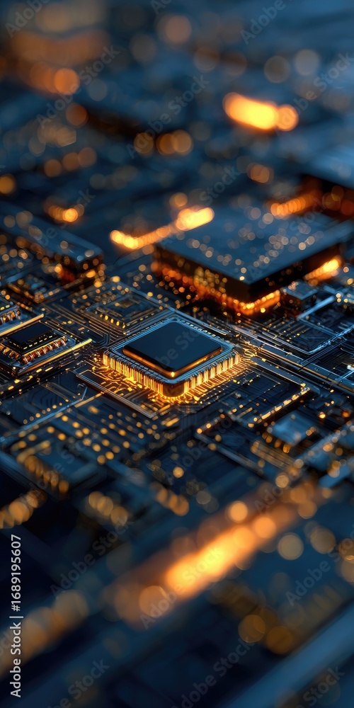 Poster close-up of a circuit board with a central processor illuminated, showcasing intricate pathways and 